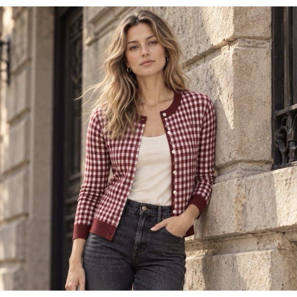 J. Crew Women 100% Italian Cashmere Sweater Cardigan L Featherweight Red Gingham